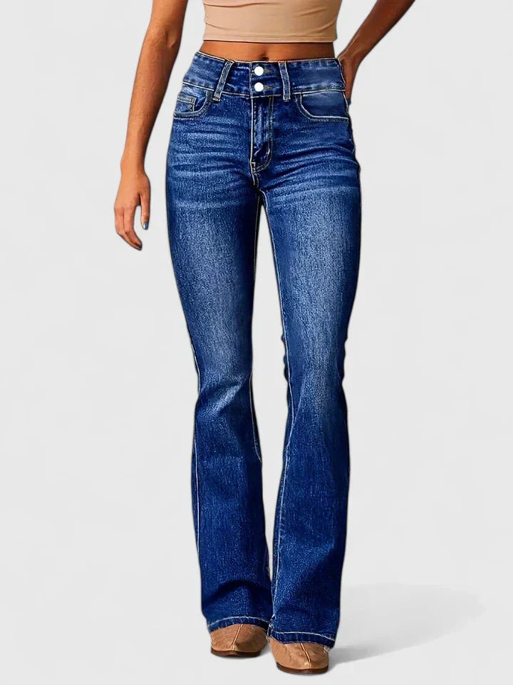 High Waist Double Button Flare Jeans