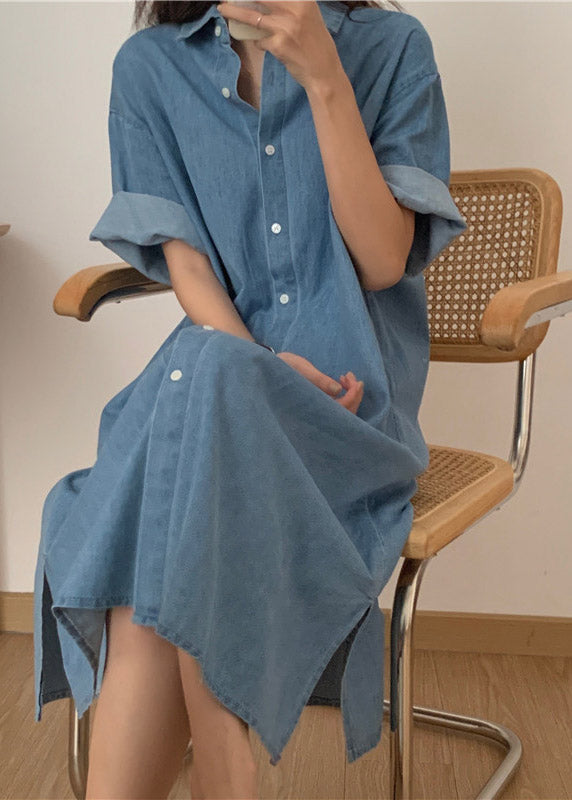 Denim Button Down Shirt Collar Short Sleeve Rolled Cuff Side Slit Midi Shirt Dress