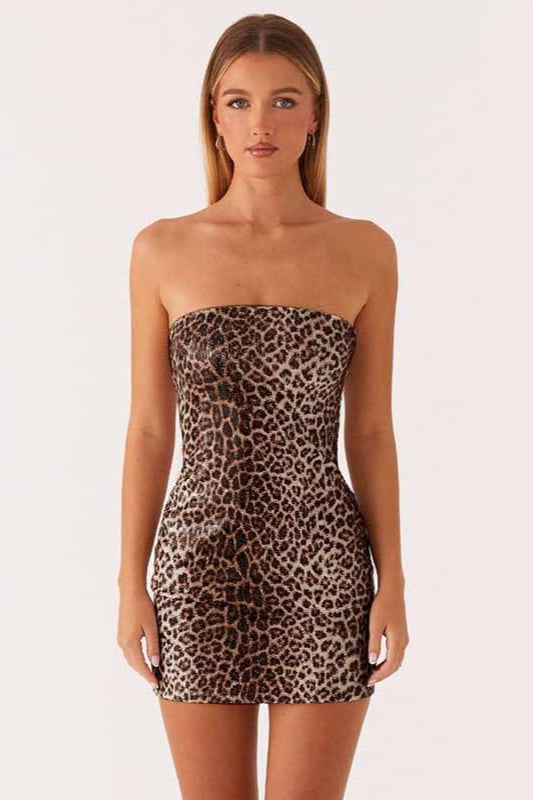 Sequin Animal Print Strapless Bodycon Mini Party Dress