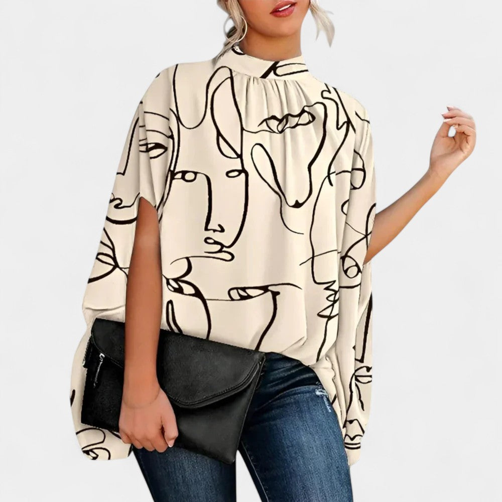Abstract Face Print Mock Neck Batwing Sleeve Blouse