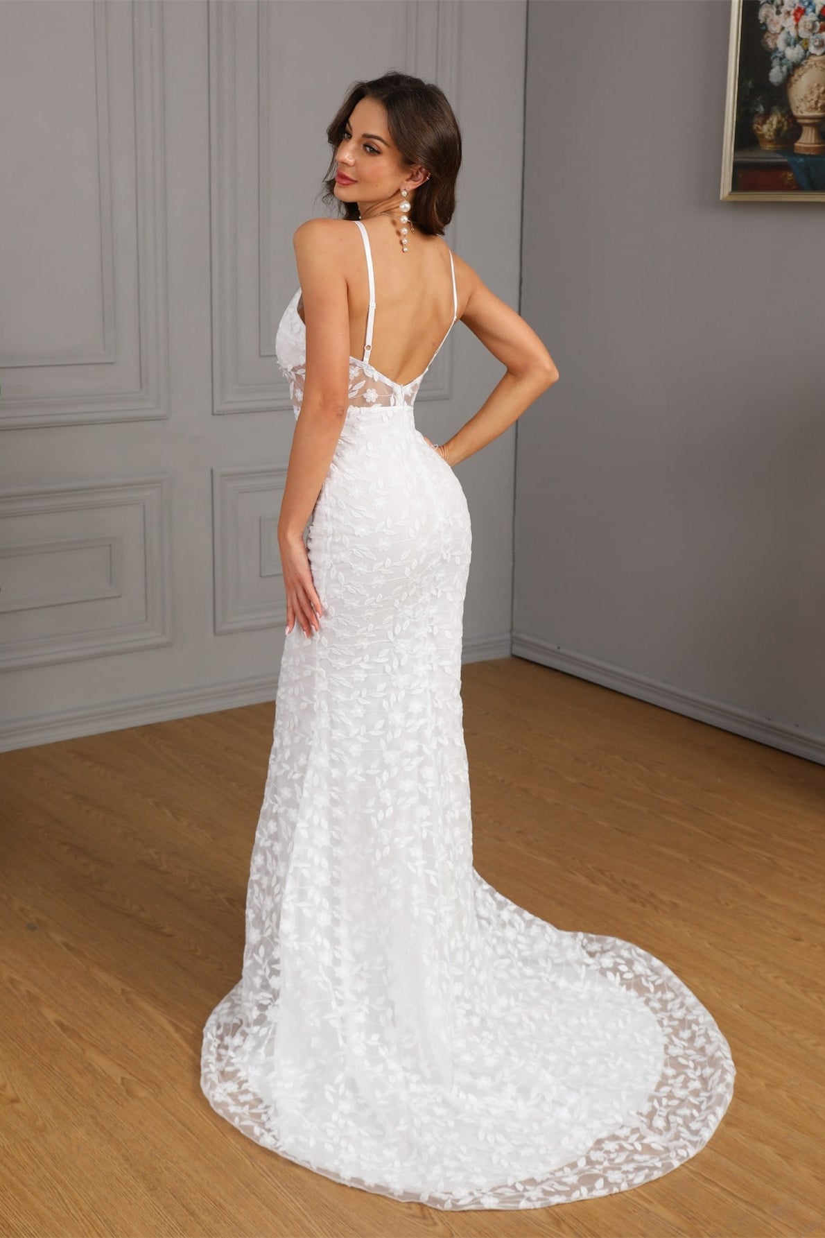 Floral Lace Deep V-Neck Spaghetti Strap Mermaid Maxi Gown