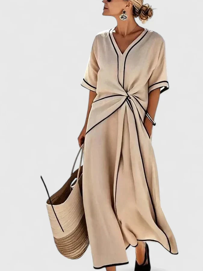 V-Neck Contrast Trim Twist Front Maxi Dress