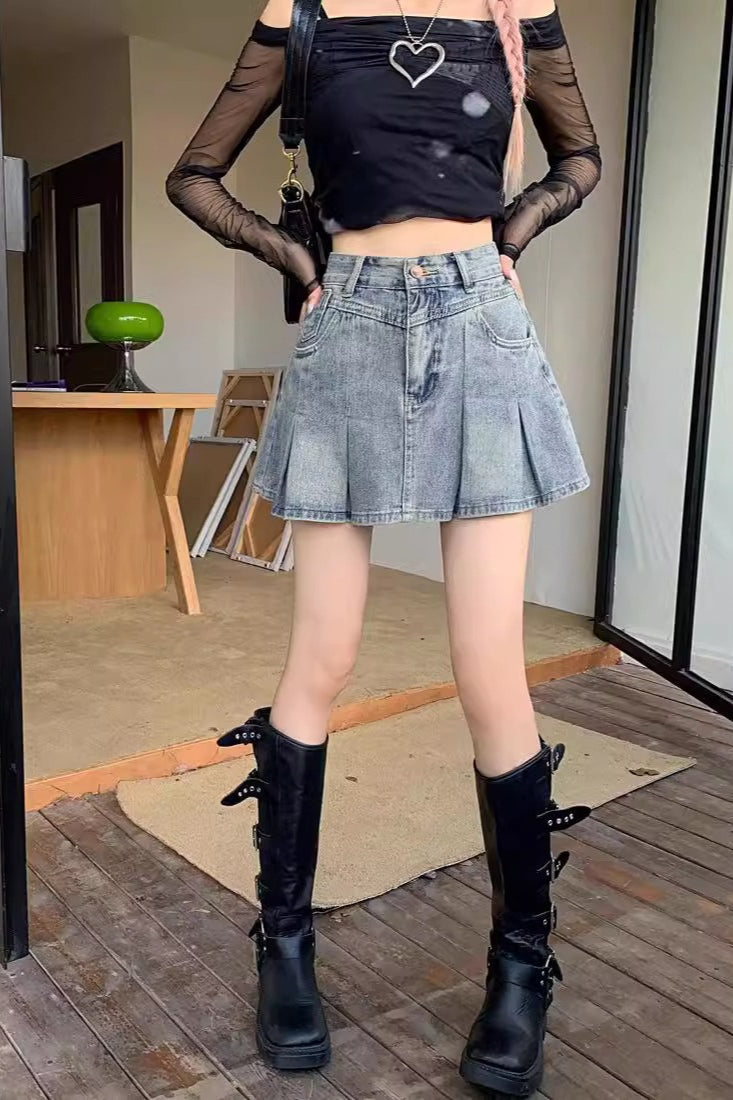 Denim High Waist A line Mini Skirt
