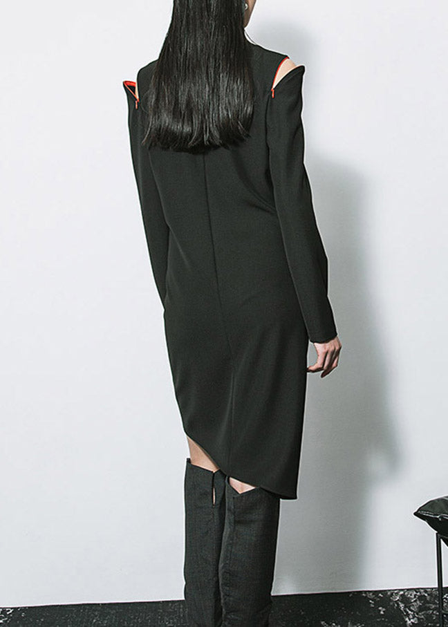 Long Sleeve Pointed Shoulder Cold Shoulder Twisted Drape Asymmetrical Midi Dress