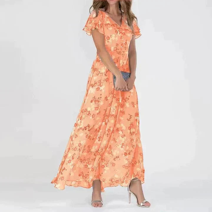 Floral Print V-Neck Button Front Flutter Sleeve Maxi Dress