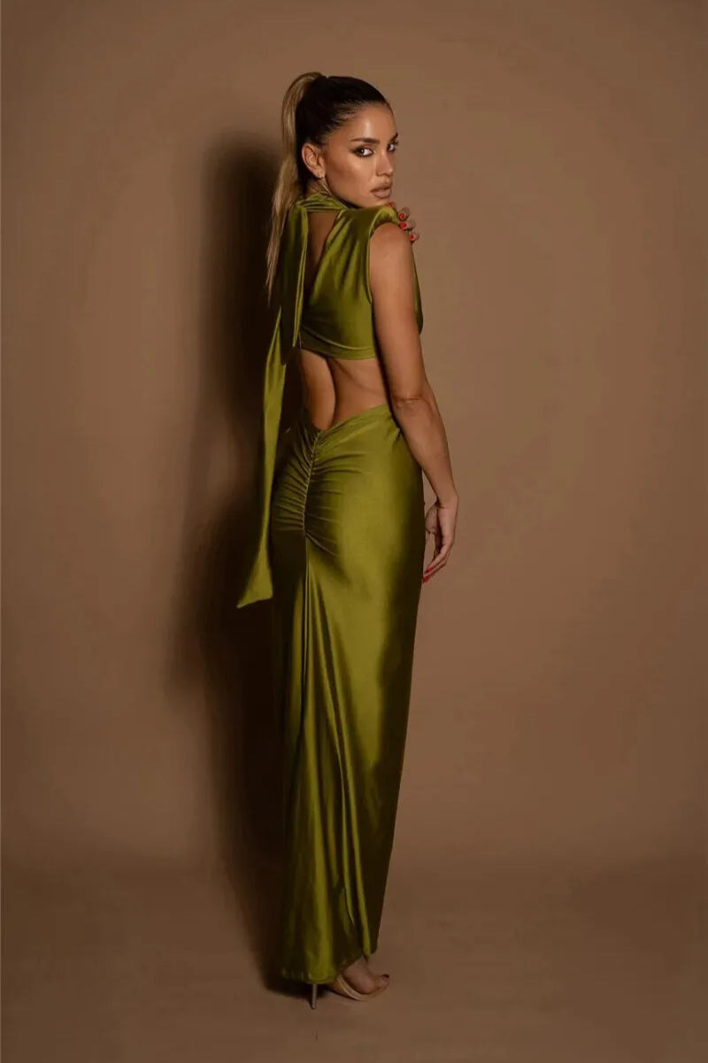 Hollow Out Turtleneck Sleeveless Bodycon Maxi Dress