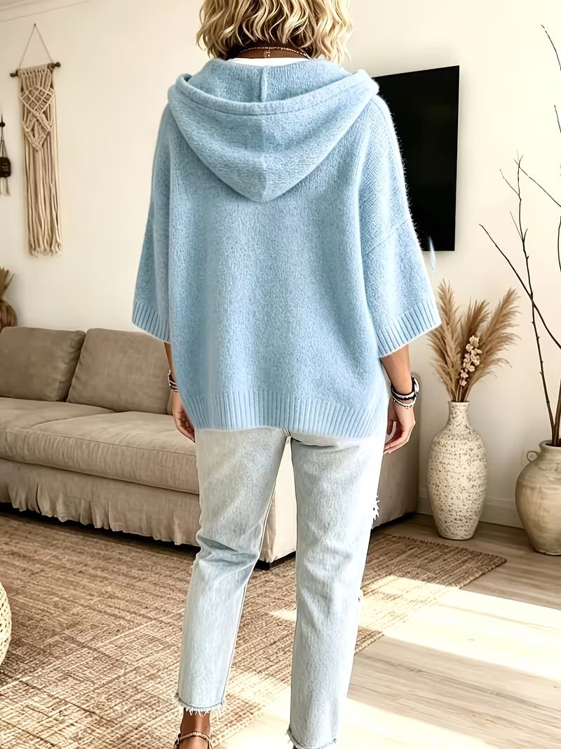 Hooded Drawstring Oversized Knit Poncho Sweater