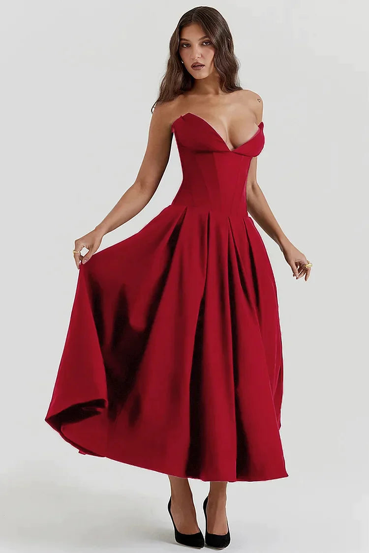 Satin Strapless Corset Pleated Pocket A-Line Midi Dress
