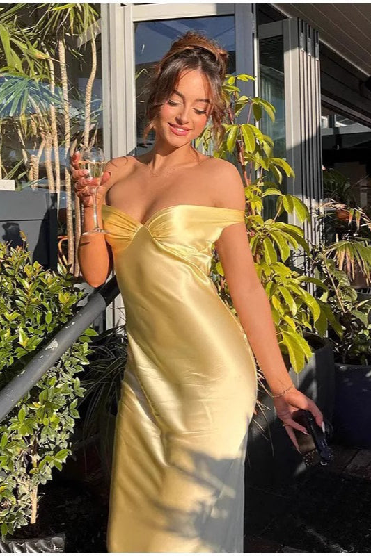Satin Off Shoulder Sweetheart Neck Ruched Bust Slip Midi Dress