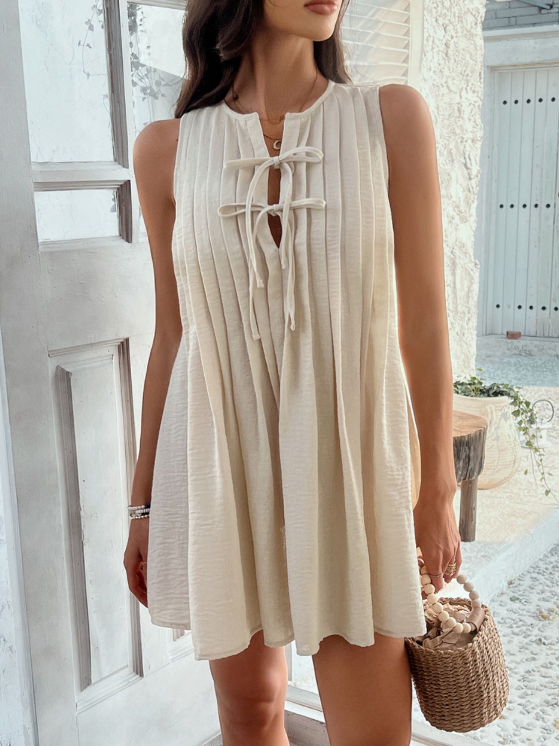 Pintuck Pleated Tie Front Keyhole Sleeveless Shift Mini Dress 2