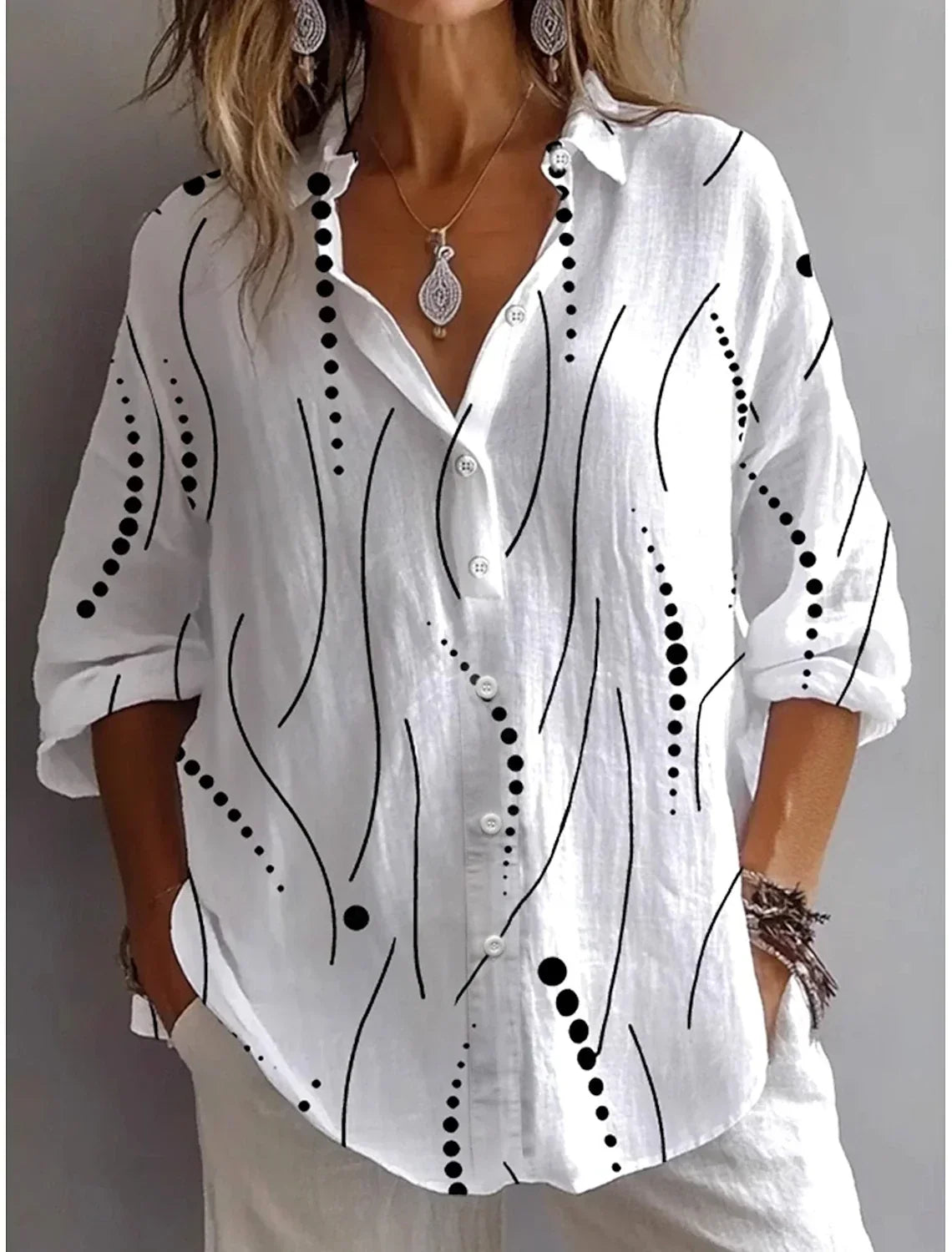 Abstract Print Collared Long Sleeve Button Blouse