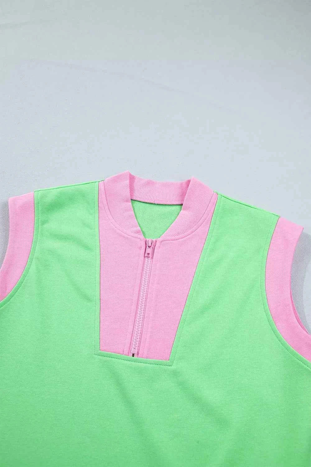 Color Block Accent Half Zip Top Athleisure Shorts Set