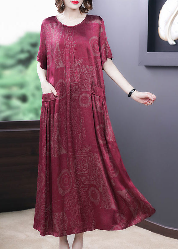 Jacquard Damask Print Round Neck Pocket Short Sleeve Loose Maxi Dress
