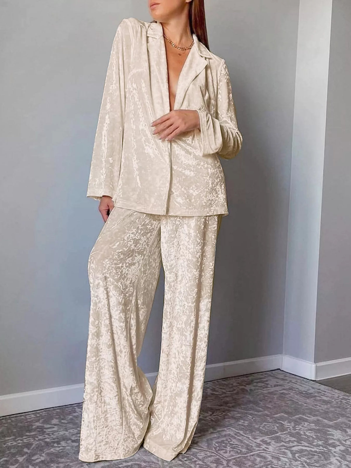 Crushed Velvet Lapel Collar Long Sleeve Top and Wide Leg Pants Two Piece Set