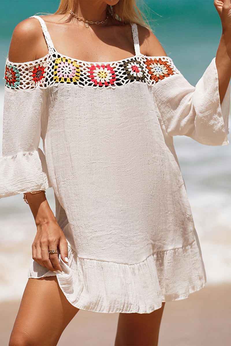 Crocheted Off Shoulder Short Solid Color Sunscreen Beach Skirt