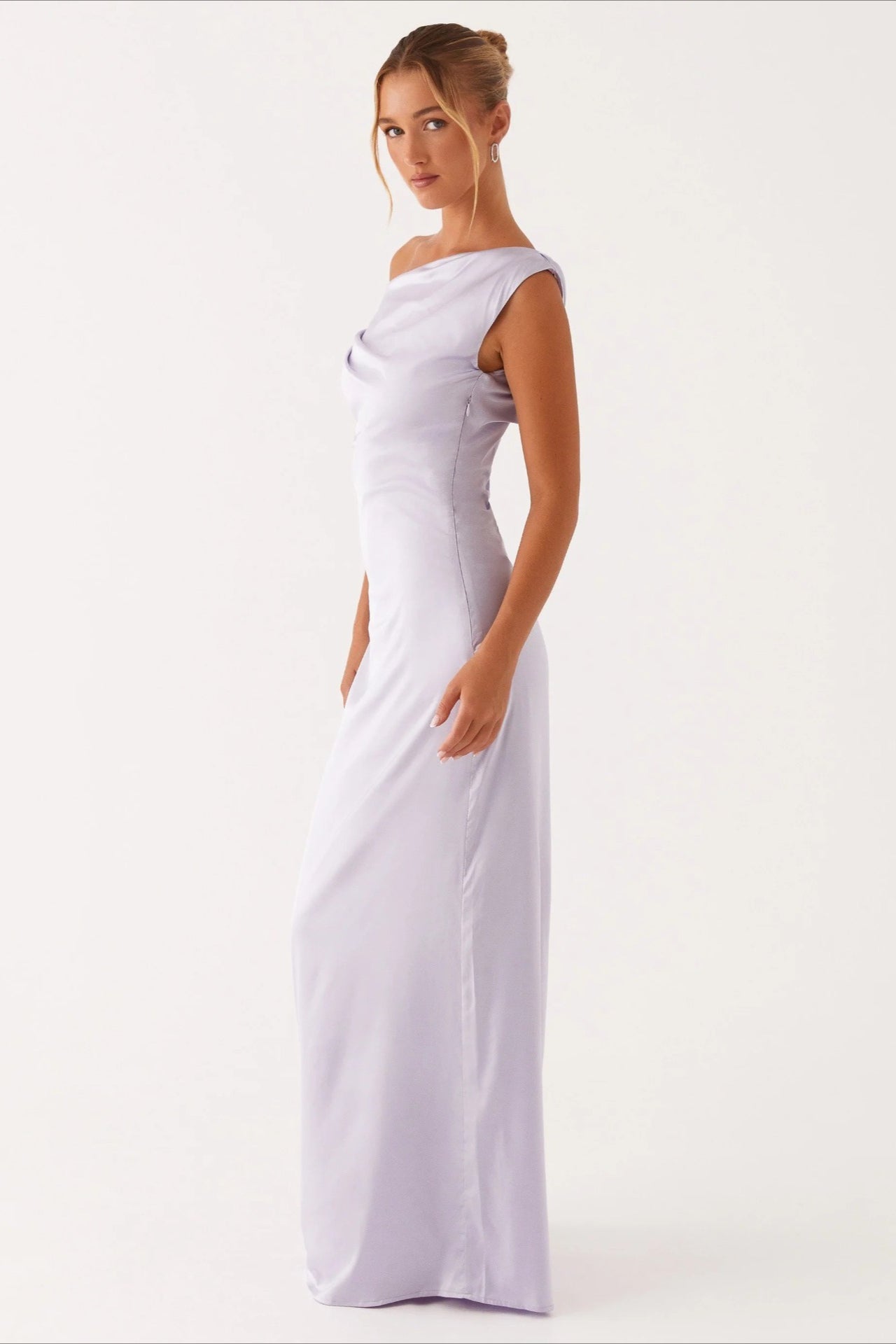 Satin Asymmetric One Shoulder Ruched Maxi Gown