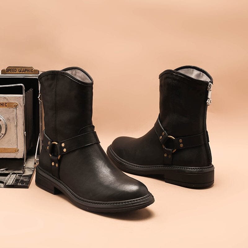 Belted Western boots Chunky Heel Leather Short Boots Back Zip Black /Coffee/Brown