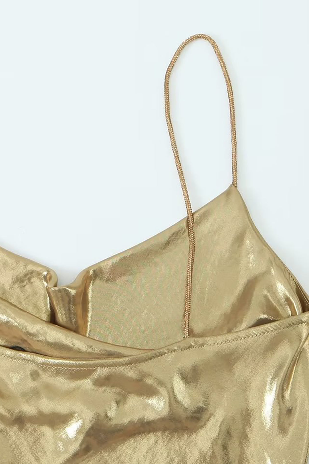 Metallic Cowl Neck Spaghetti Strap Slip Mini Dress