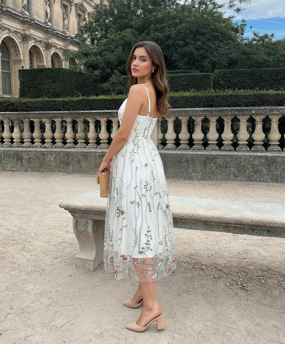 Floral Embroidered Tulle Sweetheart Spaghetti Strap Fit and Flare Midi Dress