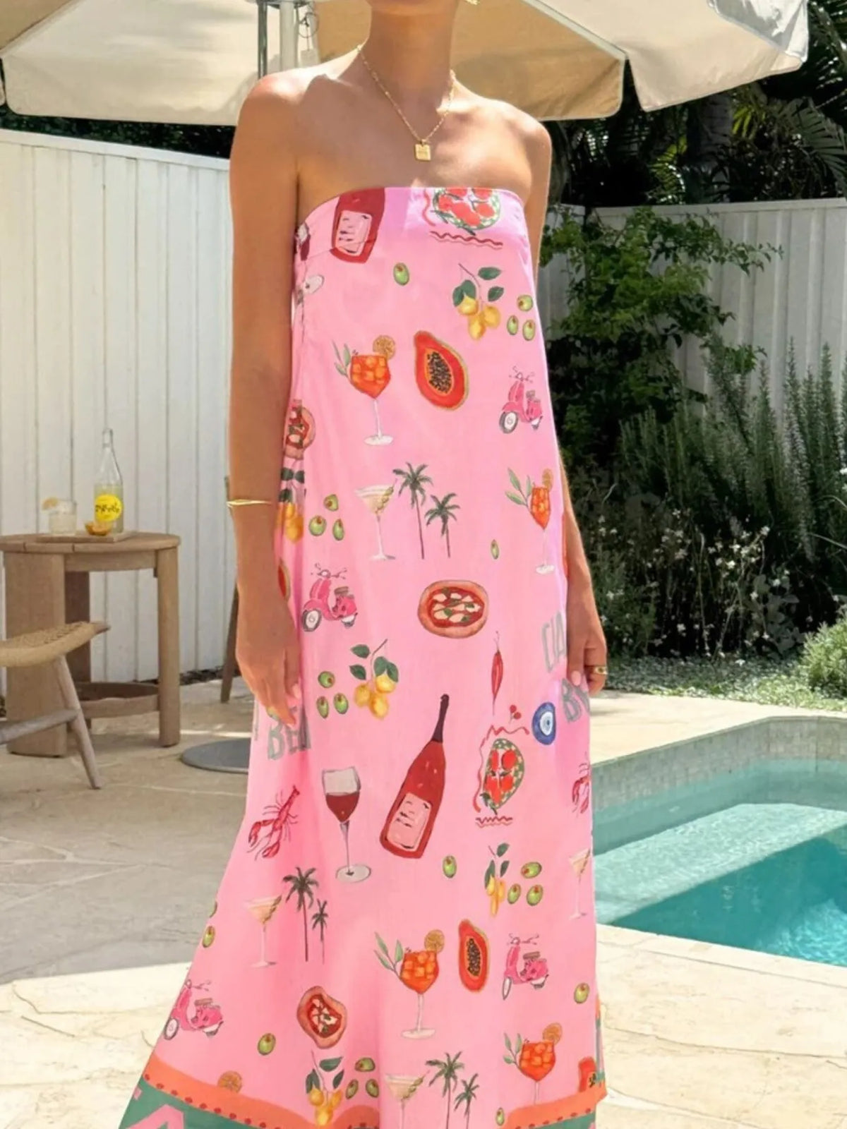 Novelty Print Strapless Border Hem A-Line Maxi Dress 4