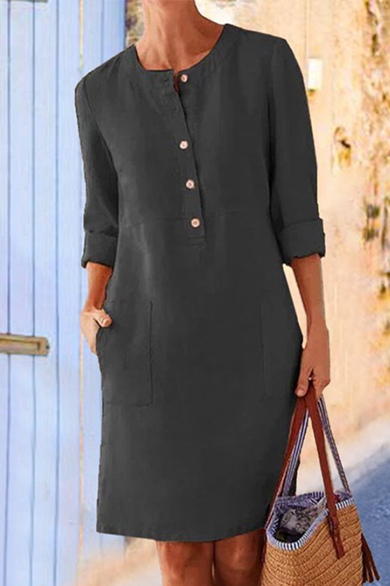 Round Neck Partial Button Patch Pocket Three Quarter Sleeve Shift Dress