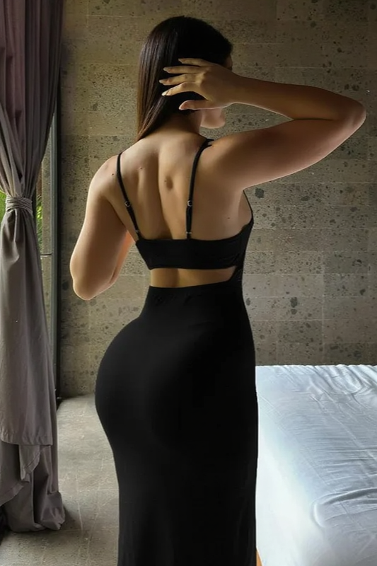 Solid Cutout Back Bodycon Curve Long Slip Dress