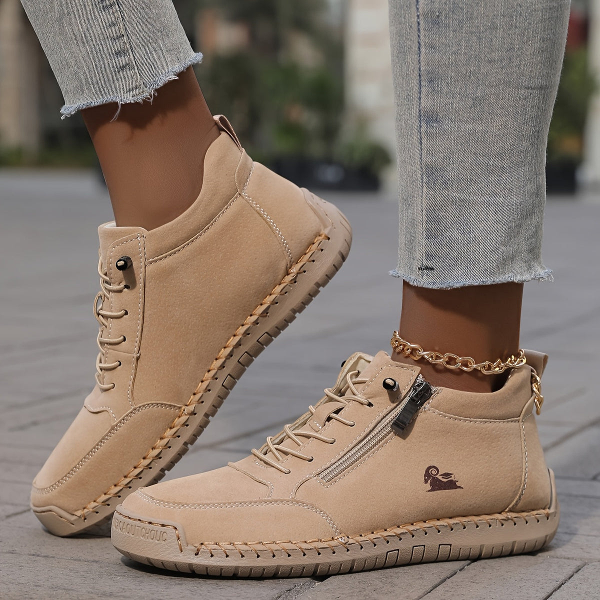 Lace Up Side Zip Stitched Ankle Boots