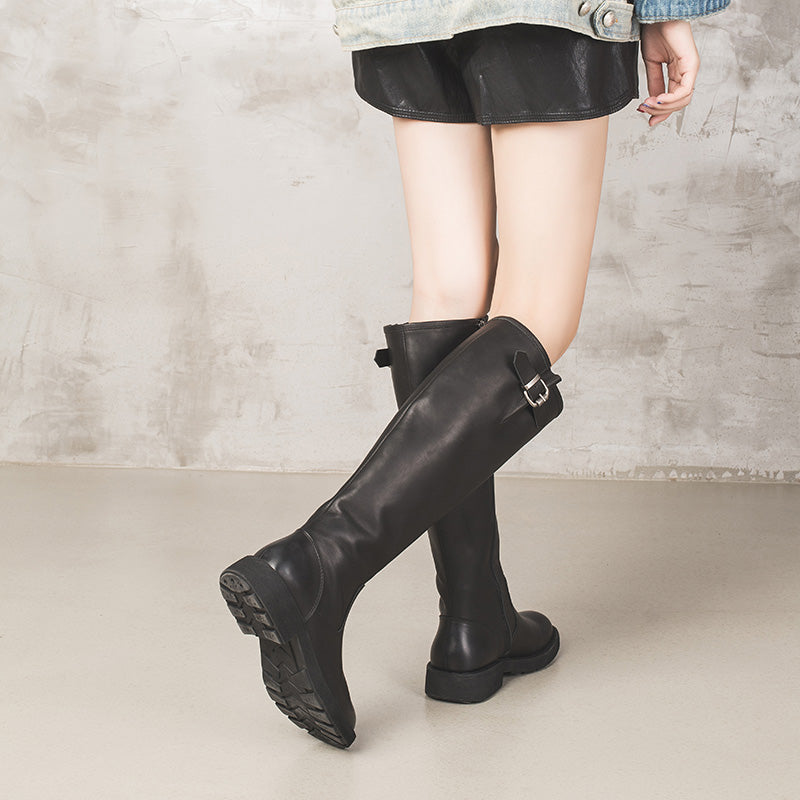 Leather Knee High Boots Side Zip Riding Boots in Black - Saddle Boots
