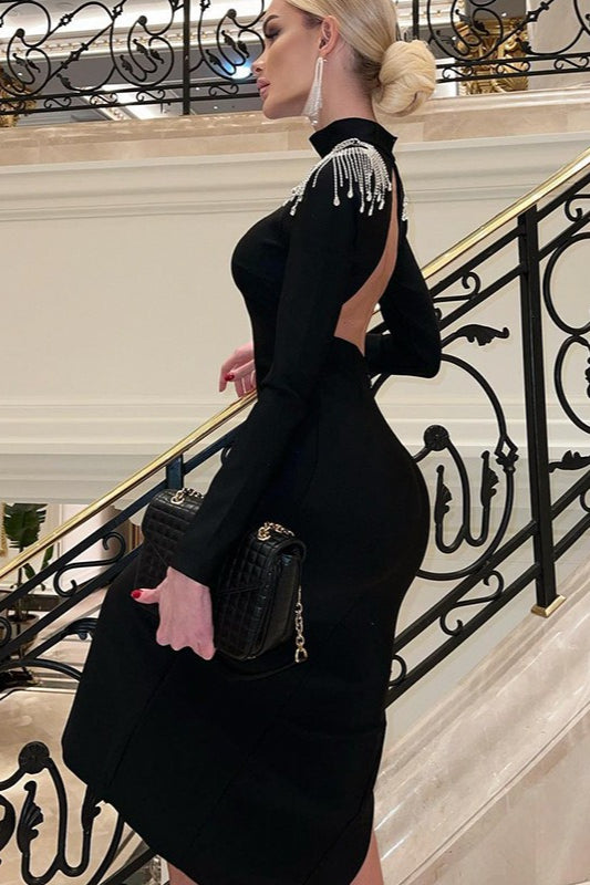 Rhinestone Fringe Mock Neck Long Sleeve High Split Maxi Dress