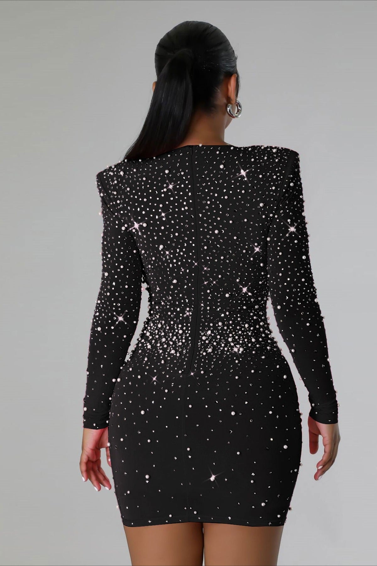 Rhinestone Long Sleeve Bodycon Cocktail Midi Dress - View 2