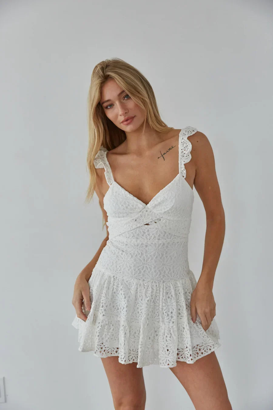Eyelet Lace Sweetheart Ruffle Strap Tiered Mini Dress 16