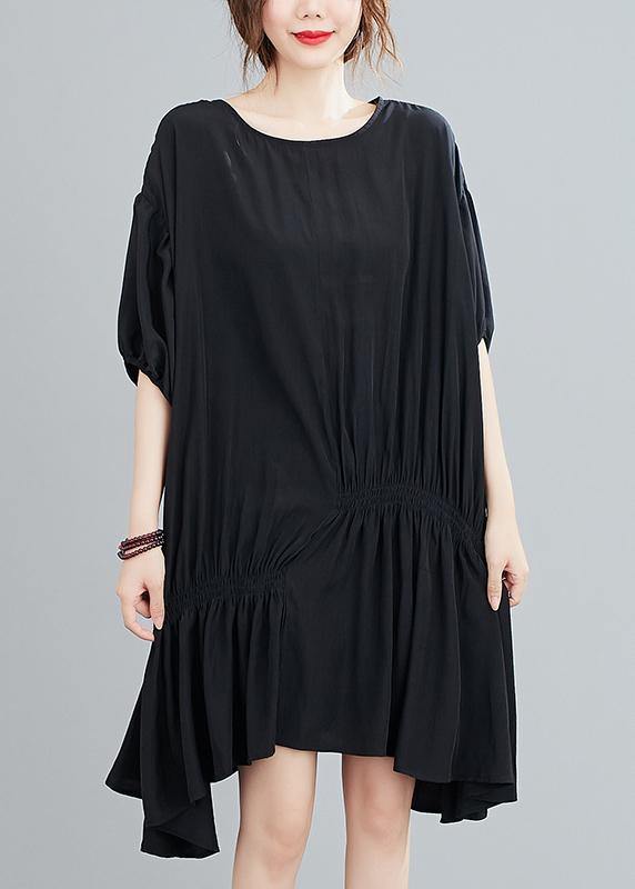 Round Neck Puff Sleeve Asymmetric Ruched Handkerchief Hem Oversized Midi Dress