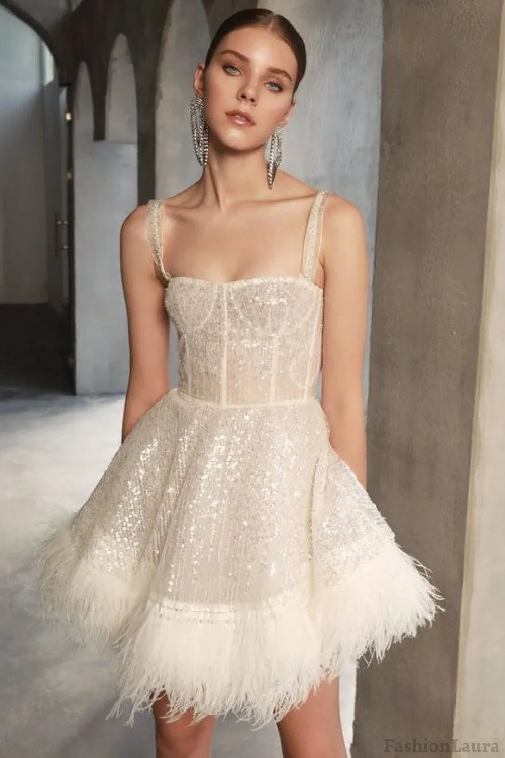 Feather Sequin Strapless Party Dress