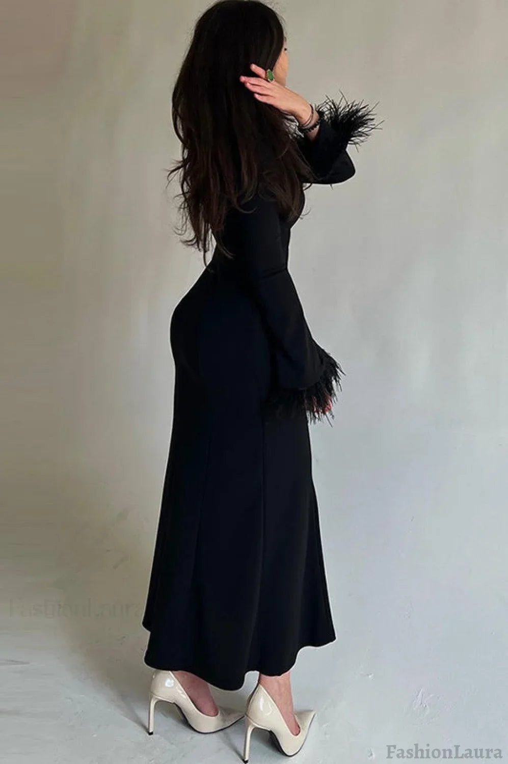 Feather Trim Bodycon Maxi Sweater Dress