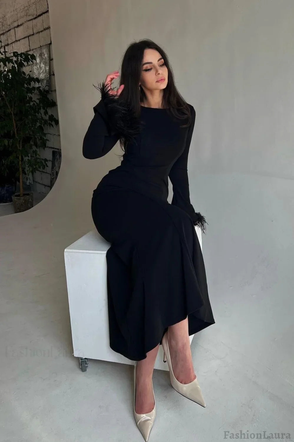 Feather Trim Bodycon Maxi Sweater Dress