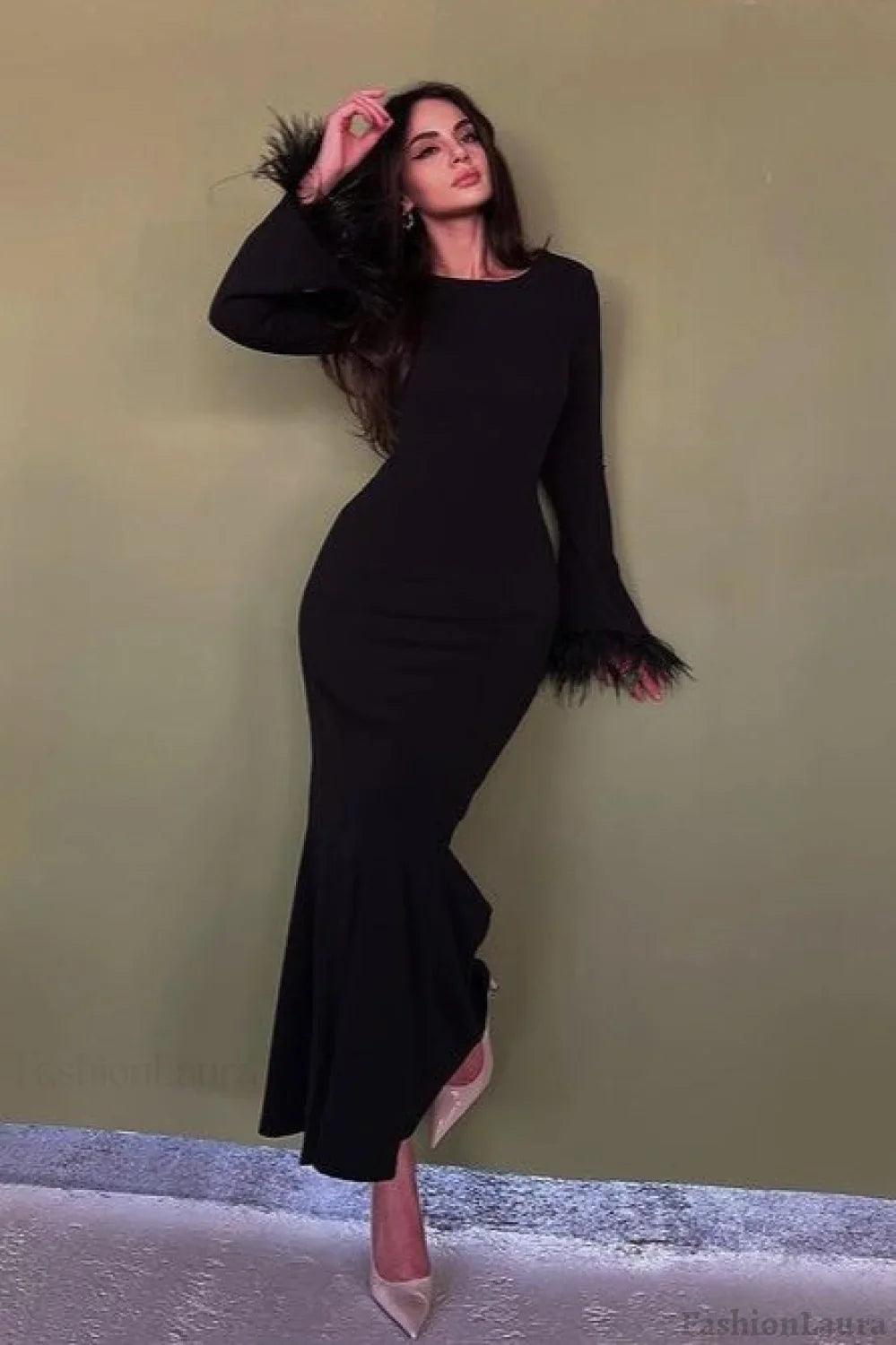 Feather Trim Bodycon Maxi Dress S / Black