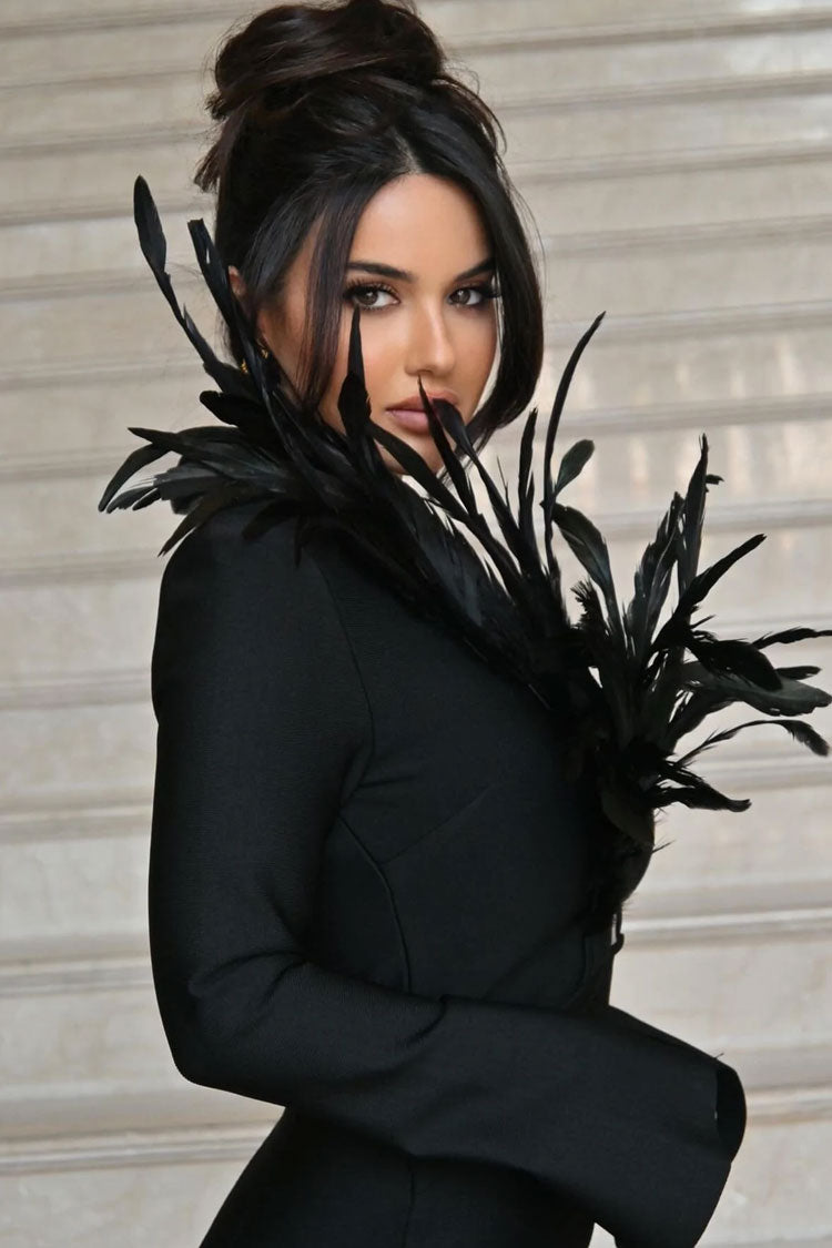 Feather Trim Deep V-Neck Long Sleeve Bandage Bodycon Mini Dress