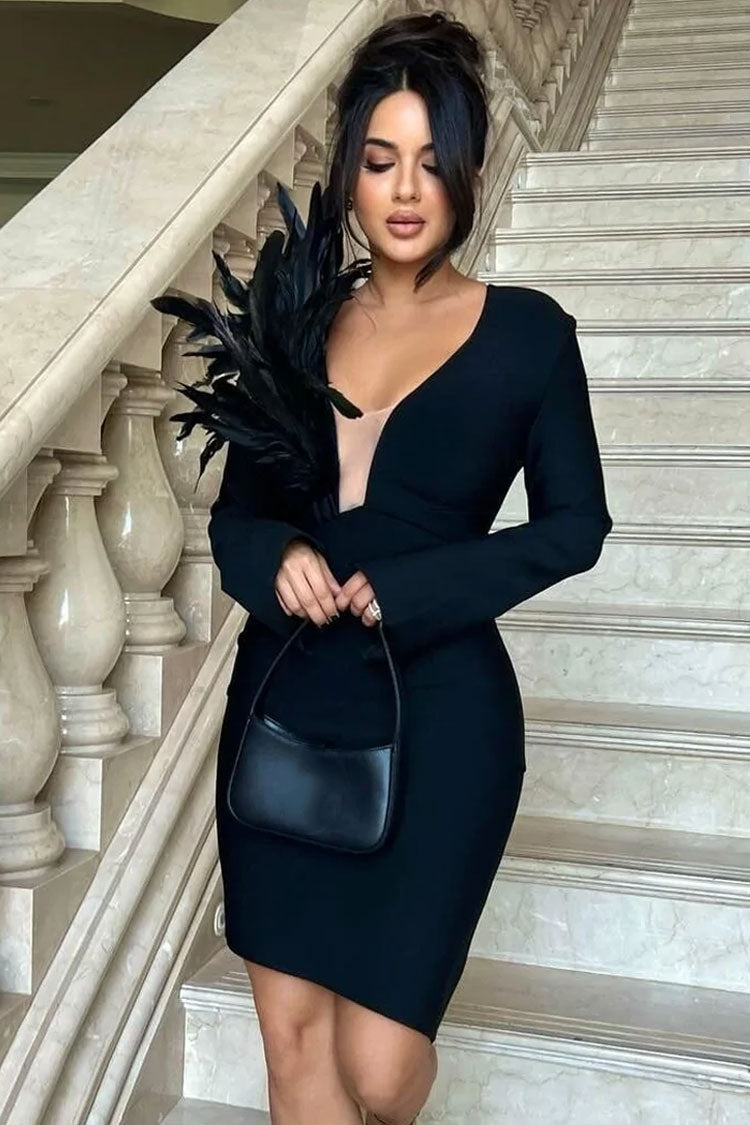 Feather Trim Deep V-Neck Long Sleeve Bandage Bodycon Mini Dress