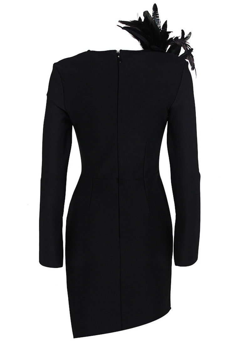 Feather Trim Deep V-Neck Long Sleeve Bandage Bodycon Mini Dress