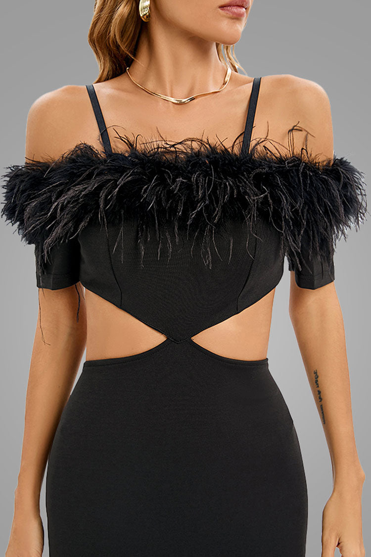 Feather Trim Off Shoulder Cutout Evening Maxi Dress - Black 4