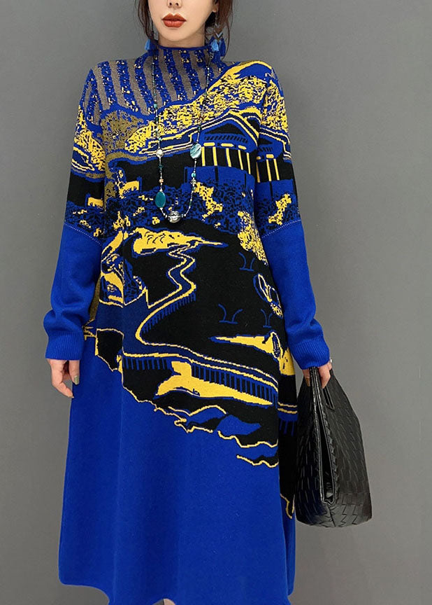 Landscape Graphic Print Mesh Insert Mock Neck Long Sleeve Knit Midi Dress