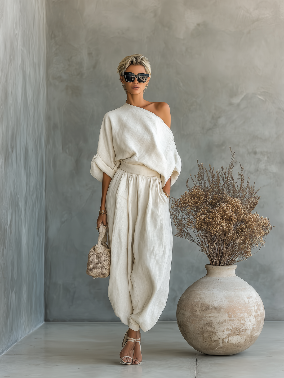 One Shoulder Short Sleeve Top and Wide Leg Pants Two Piece Set