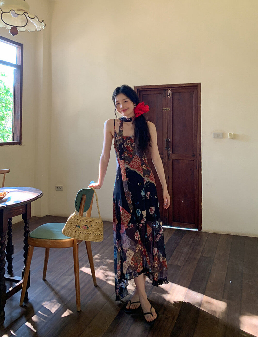 Floral Patchwork Spaghetti Strap Ruffle Maxi Dress 29