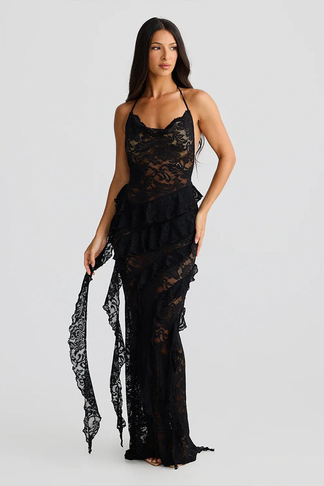 Halter V-Neck Lace Backless Bodycon Maxi Lace Dress