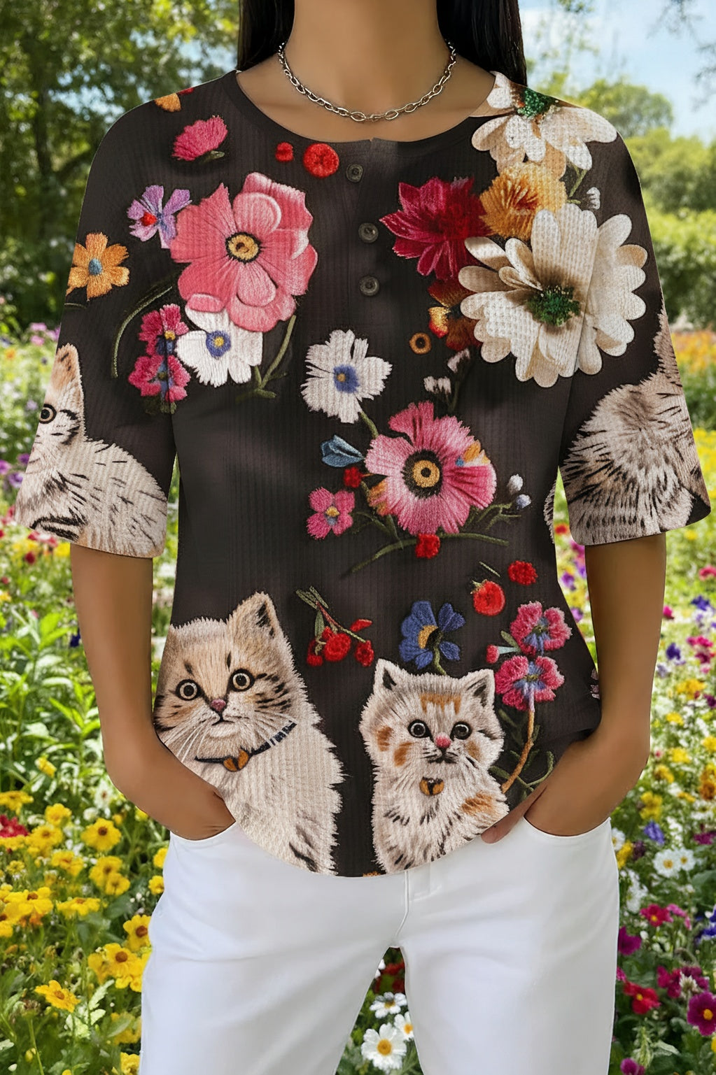 Floral and Cat Print Button Waffle Knit Short Sleeve Top