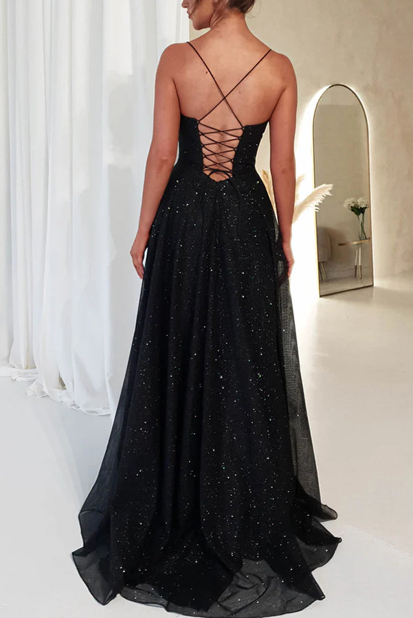 Cinderella Glitter Tulle Fabric Cowl Neck Back Lace-up Maxi Dress - View 15