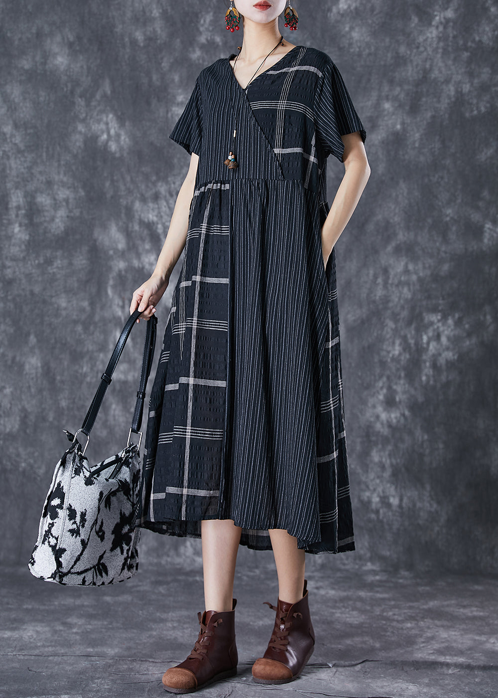 Pinstripe Windowpane Check Patchwork V-Neck Short Sleeve Gathered Waist Relaxed Midi Dress