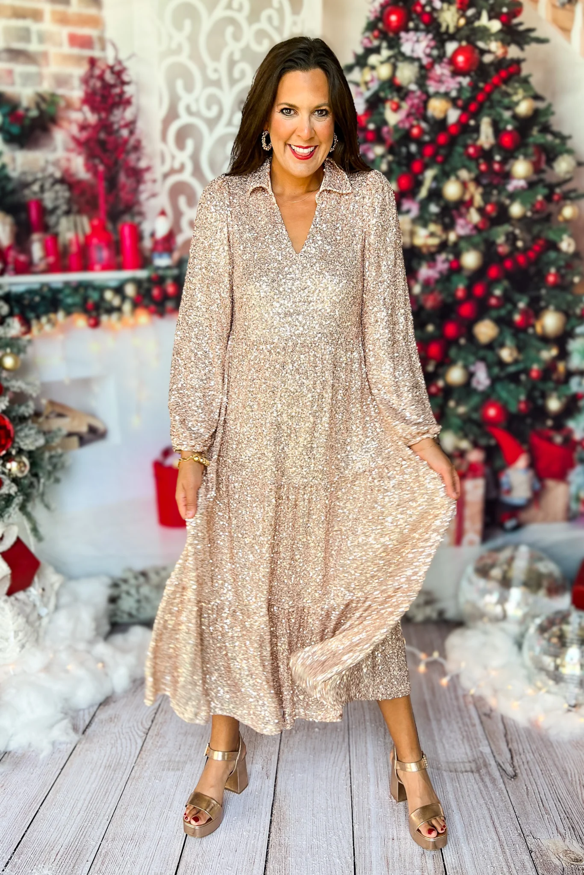 Sequin Deep V-Neck Long Sleeve Tiered Balloon Sleeve Maxi Gown