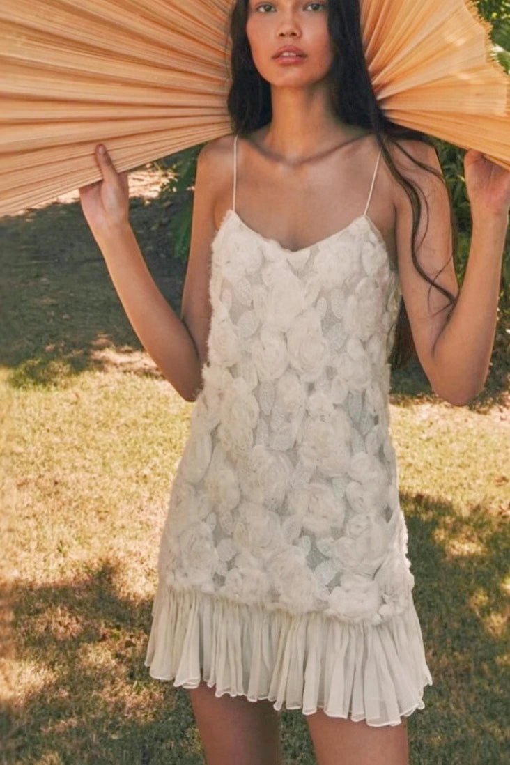 3D Flower Applique Spaghetti Strap Ruffle Hem Mini Dress