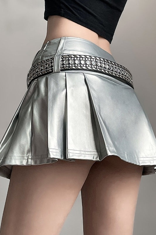 Metallic Faux Leather High Waist Pleated Mini Skirt 2